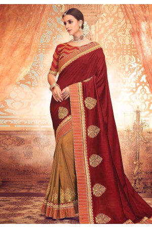 Maroon satin half and half saree  1911